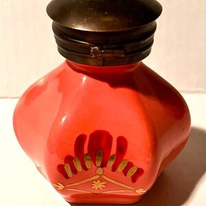 Antique porcelain and brass inkwell hand painted rose gold accent